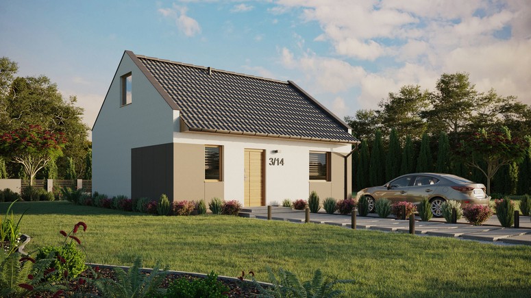 ERDOL 1 - Version Rechts (Wohnzimmer auf der rechten Seite) - Modernes Satteldach mit Dachgeschoss -Dachneigung 35 Grad - keine Dachfenster - Standard - Styropor, Netz, Kleber - Winchester - Ohne