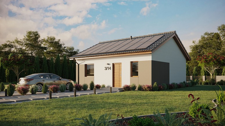 ERDOL 1 - Version Links (Wohnzimmer auf der linken Seite) - Satteldach ohne ausgebautem Dachboden - Dachneigung 25 Grad - keine Dachfenster - Balkontür im Esszimmer - Styropor, Netz, Kleber - Goldene Eiche - Photovoltaik-Installation 6,4 kWp (16 Paneele)