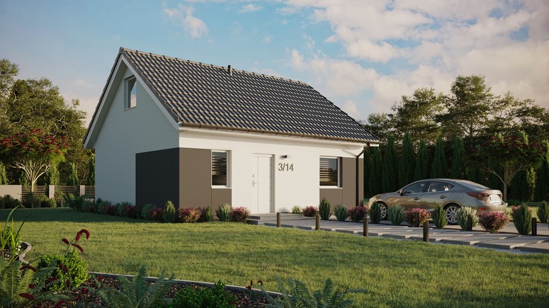 ERDOL 1 - Version Rechts (Wohnzimmer auf der rechten Seite) - Satteldach mit Dachgeschoss -Dachneigung 35 Grad - keine Dachfenster - Standard - Styropor, Netz, Kleber - Weiß - Ohne